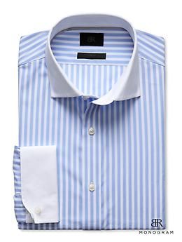 BR Monogram Slim-Fit Banker Shirt Fitted Dress Shirt With Striped Spread Collar, Fitted Business Tops With Striped Collar, Fitted Cotton Dress Shirt With Striped Collar, Fitted Dress Shirt With Striped Collar, Fitted Tops With Striped Collar For Business, Formal Fitted Shirt With Striped Collar, Classic Tops With Striped Folded Collar, Classic Tops With Striped Fold Down Collar, Formal Cotton Dress Shirt With Striped Collar