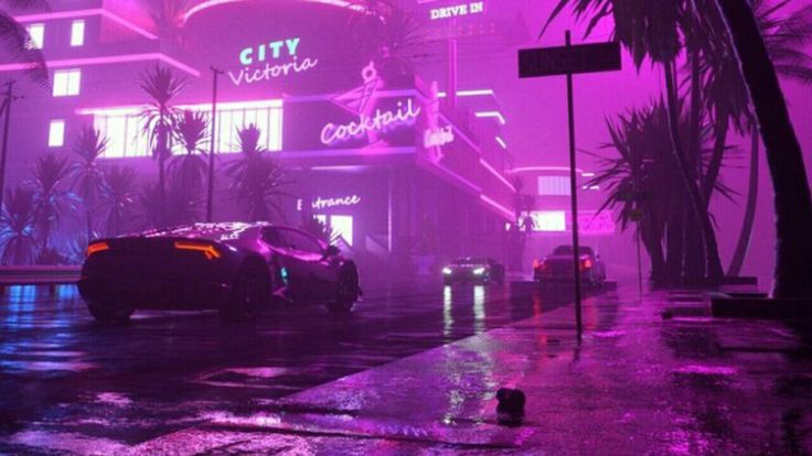 the city is lit up with neon lights and palm trees in the rain at night