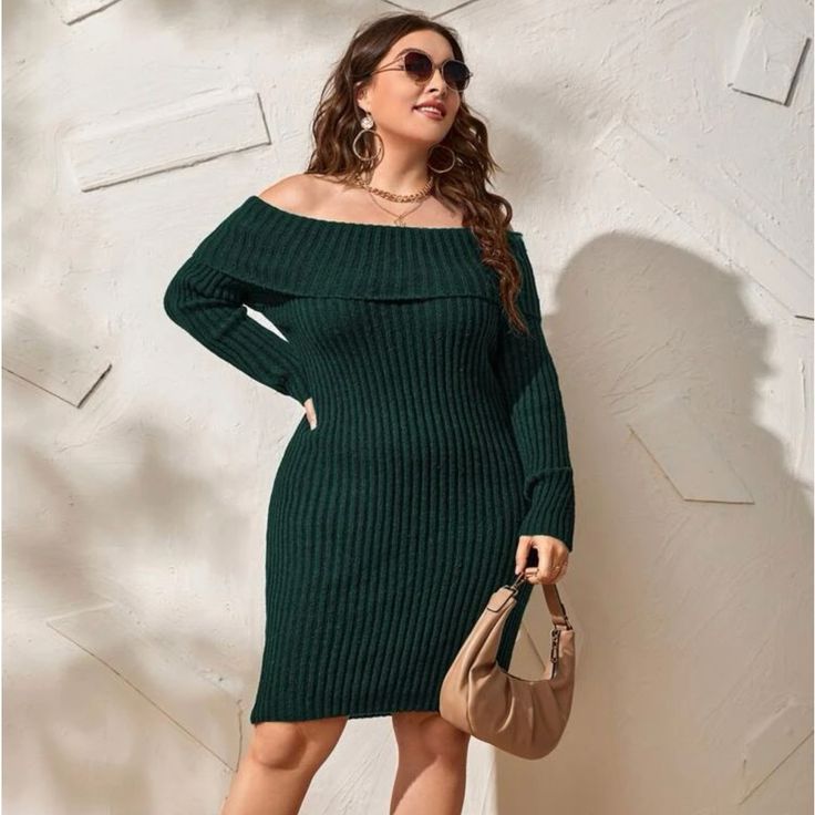 Nwot Shein Off The Shoulder Sweater Dress Plus 2xl Dark Green Off Shoulder Sweater Dress, Off The Shoulder Sweater Dress, Plus Size Sweater Dress, Outfits Gorditas, Hooded Sweater Dress, Fall Sweater Dress, Plus Size Sweater, Sweater Dress Outfit, Bodycon Sweater Dress