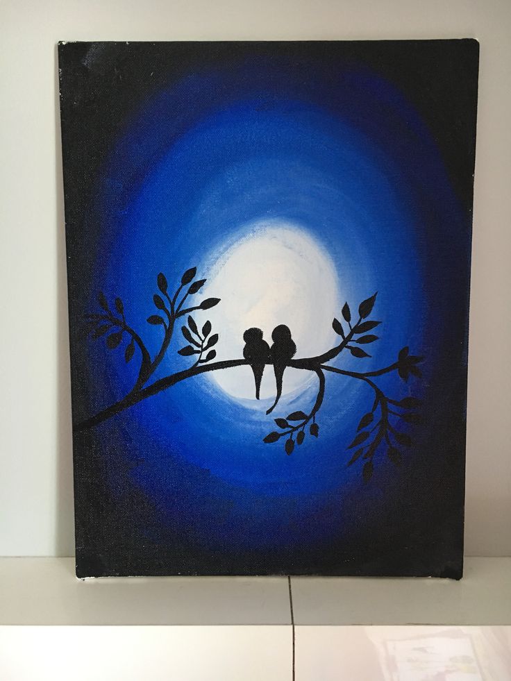 a painting of two birds sitting on a branch in front of a blue moon with leaves