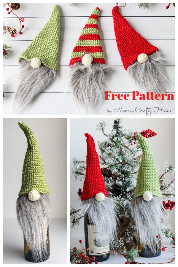 crocheted christmas gnomes made out of wine bottle caps and yarn are featured in three different photos