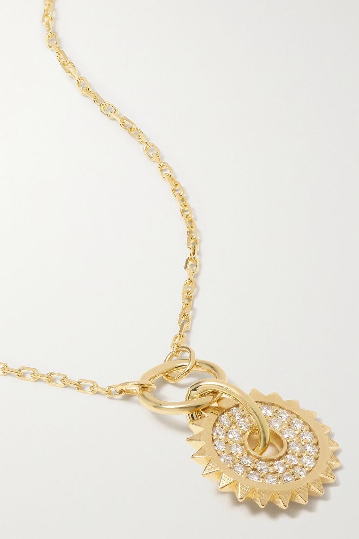 Foundrae believes that every piece of jewelry tells a story, and therefore creates ones that can be passed down through generations as modern heirlooms. This handmade 18-karat gold necklace is strung with a jagged disc charm illuminated by 0.21-carats of shimmering diamonds. Layer it with other pieces in your collection, adjusting the chain to your preferred drop. Foundrae Necklaces, Gold Plated Round Pendant Diamond Necklace, Gold Plated Pendant Necklace With Brilliant Cut, Gold Plated Diamond Necklace With Round Pendant, 14k Gold Pendant Necklace With Pave Setting, Diamond Pendant Chain Necklace With Accents, Diamond Pendant Chain Necklace With Diamond Accents, Dazzling 14k Gold Pave Setting Necklaces, Diamond Pendant Chain Necklace In Fine Jewelry Style