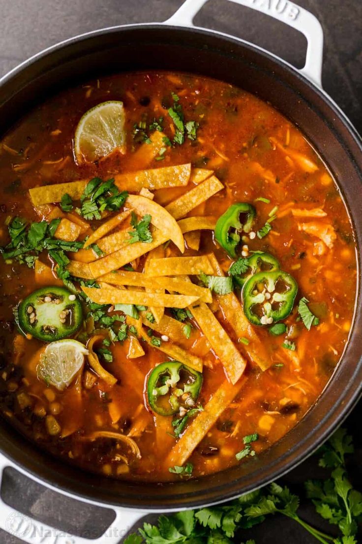 a pot filled with mexican chicken tortilla soup and garnished with cilantro