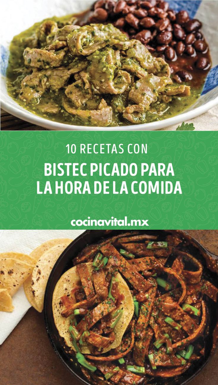 some food that is in a bowl and on a plate with the words, 10 recetas con biste picadoro para la hora de la comida