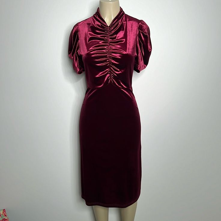 Motf Burgandy Velour Dress Nwt Lay Flat Measurments Pit To Pit: 18” Waist: 14” Length: Shoulder To Hem: 43” Stretchy Non Smoking Home Red Elegant Vintage Dress With Short Sleeves, Elegant Red Vintage Dress With Short Sleeves, Red Fitted Knee-length Vintage Dress, Red Fitted Midi Vintage Dress, Red Fitted Vintage Midi Dress, Red Vintage Dress For Date Night, Red Vintage Fitted Dress With Short Sleeves, Elegant Red Knee-length Vintage Dress, Fitted Short Sleeve Burgundy Midi Dress