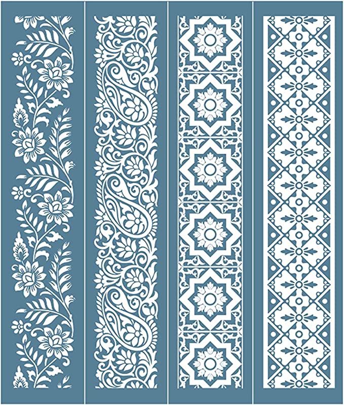 four different types of laser cutting patterns on blue and white paper, each with an intricate design