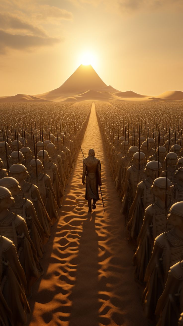 a man walking down a long path in the desert