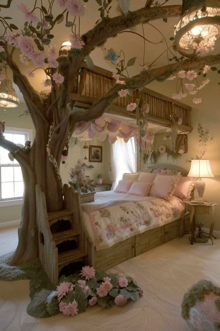 a bedroom decorated in pink and white with flowers on the bed, chandelier