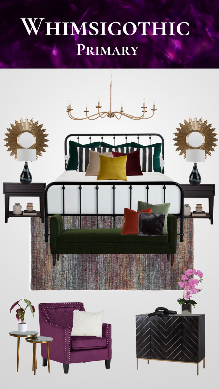 an image of a bedroom with purple and green furniture