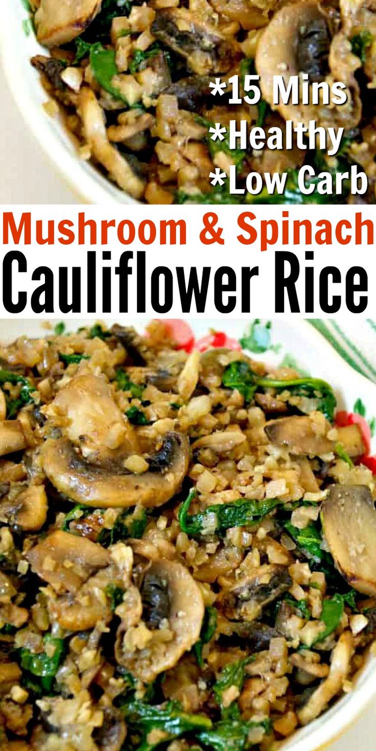 mushroom and spinach cauliflower rice in a white bowl with text overlay