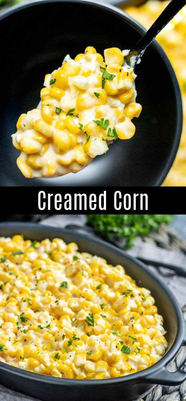 two pictures side by side one has macaroni and cheese in it the other has creamed corn