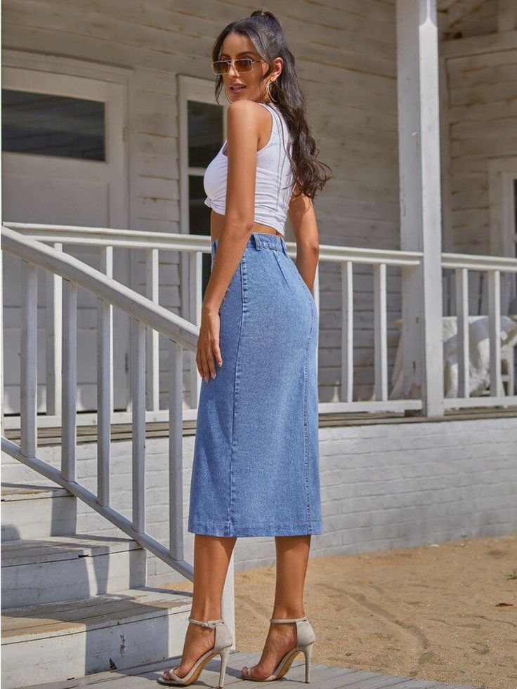 Retro High Waist Split Button Denim Skirt Summer Denim Skirt, Hip Stretch, Button Down Denim Skirt, Denim Button Skirt, Denim Maxi Dress, Long Denim Skirt, Summer Denim, Outfit Jeans, Mode Casual