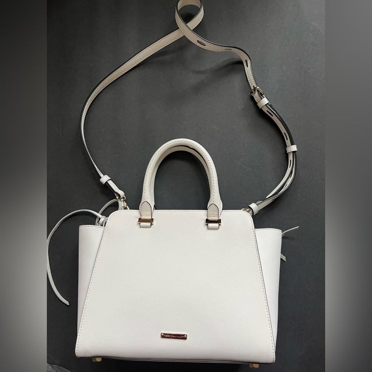 Rebecca Minkoff Leather Tote White Luxury Bag With Adjustable Strap, Luxury White Bag With Adjustable Strap, Chic White Top Handle Bag, Designer White Bag With Adjustable Strap, White Leather Satchel With Gold-tone Hardware, Luxury White Satchel With Double Handle, White Leather Satchel, Luxury White Double Handle Satchel, White Shoulder Bag With Gold-tone Hardware And Double Handle