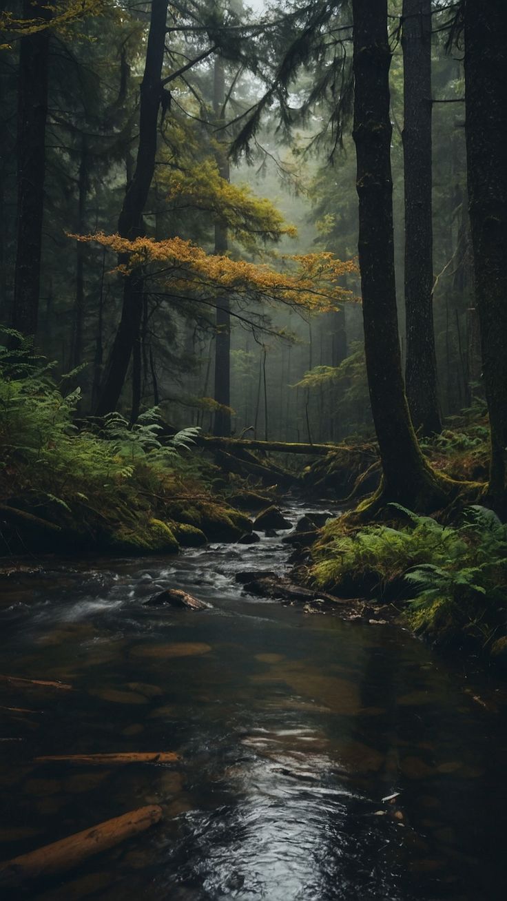 a stream running through a forest filled with trees