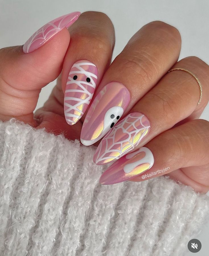 Mummy Nail Art, Nail Art Pink, Acrylic Nails Almond Shape, Halloween Manicure, Pink Chrome Nails, Cute Halloween Nails, Pink Chrome, Striped Nails, Halloween Inspo