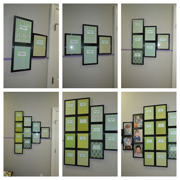 multiple pictures of different frames on the wall with green and white papers attached to them