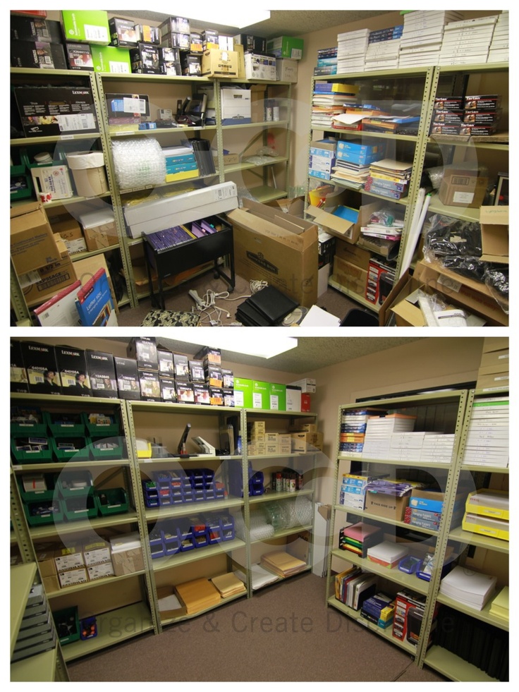 two pictures of the inside of a storage room with shelves full of files and folders