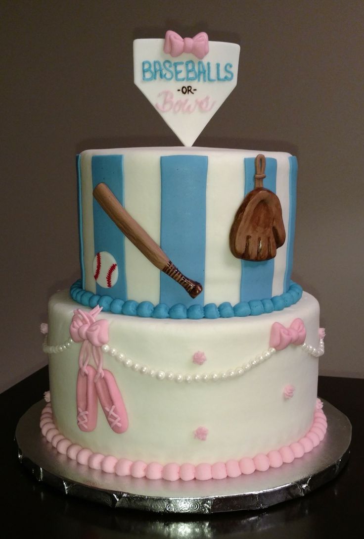 a three tiered cake decorated with pink and blue stripes, baseball equipment, and ball