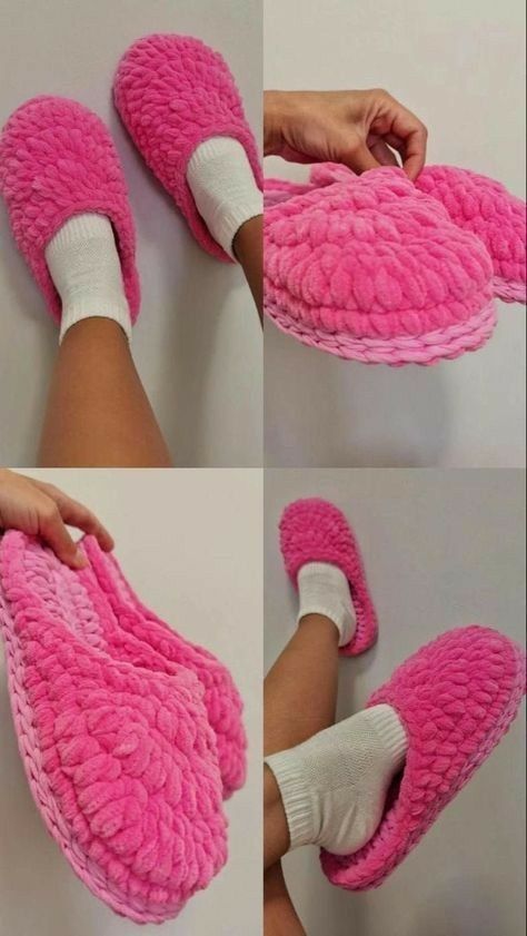 four pictures of pink slippers with white socks