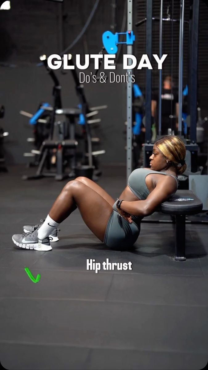 a woman laying on top of a bench next to a gym equipment rack with the words glute day do's and don'ts