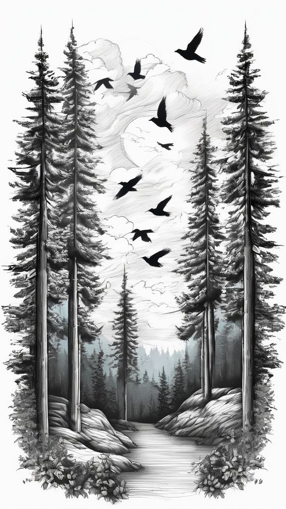 black and white drawing of birds flying in the sky over a forest with pine trees