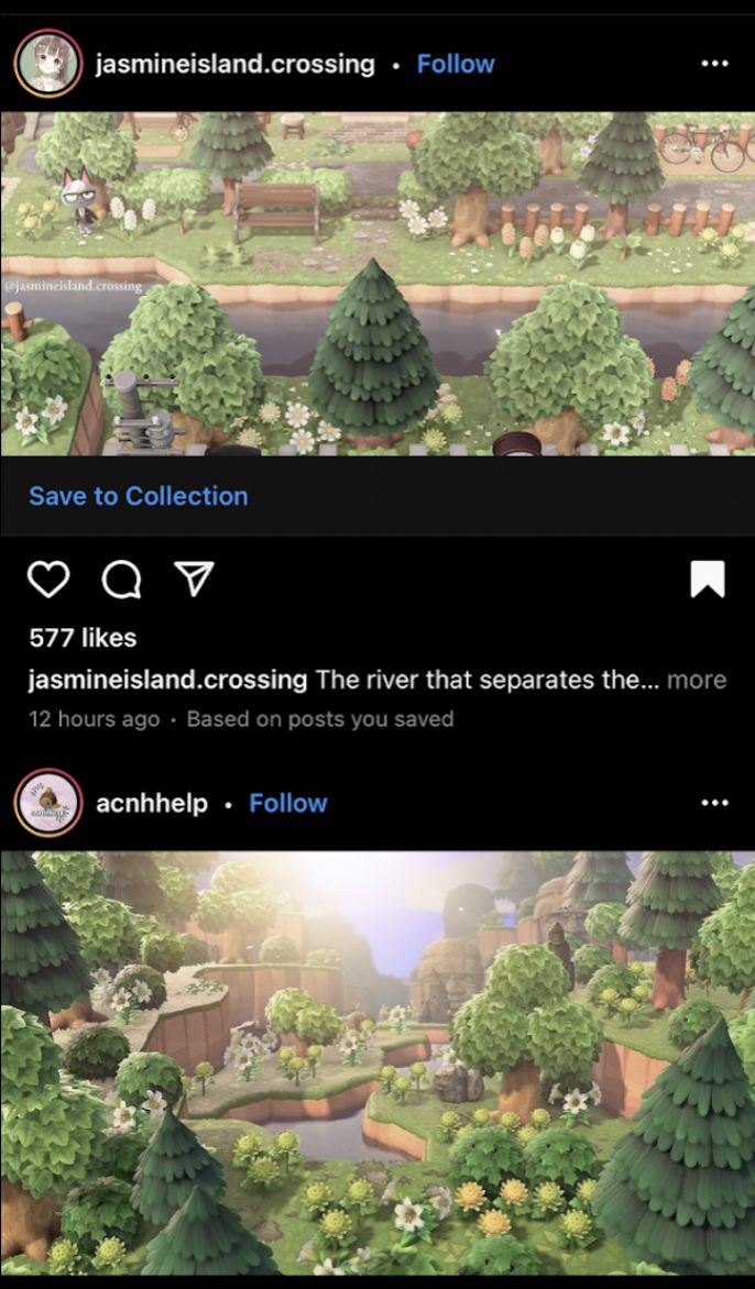 two screens showing different scenes from the game animal crossing, and an image of trees