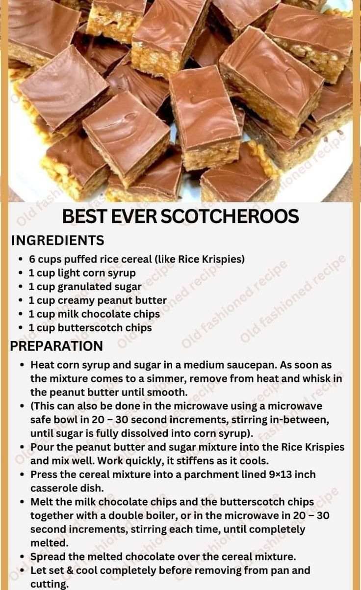 a recipe for best ever scotcheroos on a white plate with chocolate in the middle