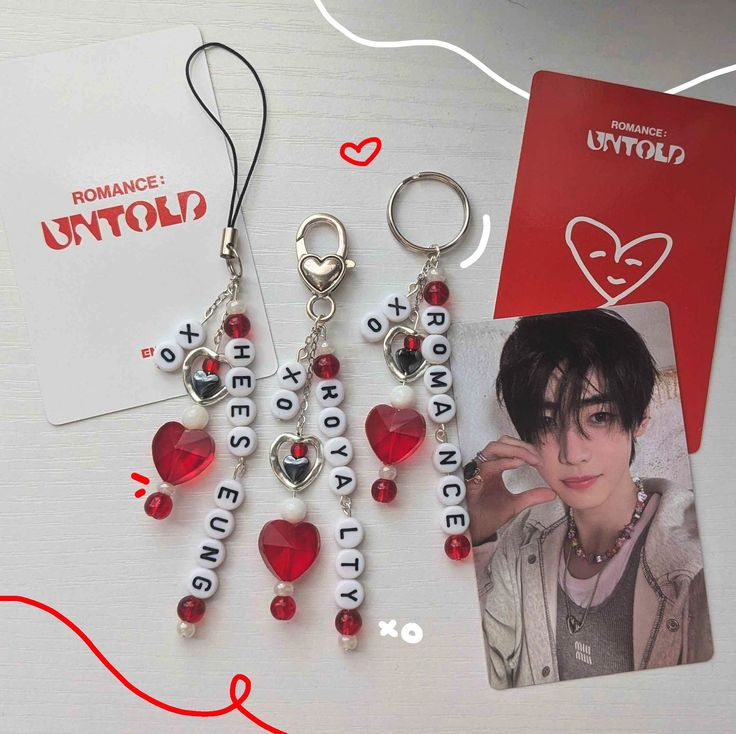 - handmade - enhypen romance: untold themed - phone strap, lobster claw, slip ring closure - beaded keychain - acrylic + glass beads - red, white, silver colors may slightly differ due to monitor brightness, lighting, etc. length varies on personalization Korean Phone Keychain, Enhypen Beaded Jewelry, Keychain Ideas Diy Beads, Enhypen Romantic Untold, Beads Keychain Design, Enhypen Beads Bracelet, Phone Keychain Ideas, Kpop Friendship Bracelets, Red Bracelet Ideas