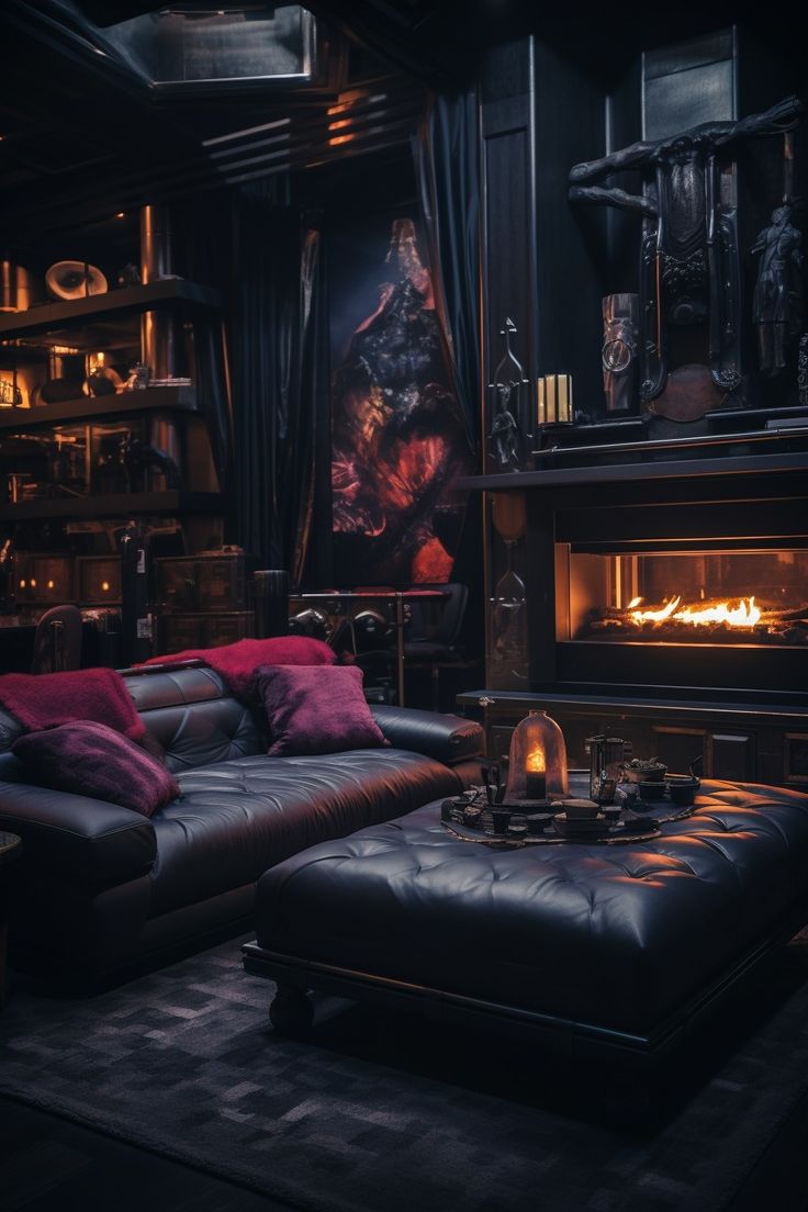 a living room filled with furniture and a fire place in the middle of the room