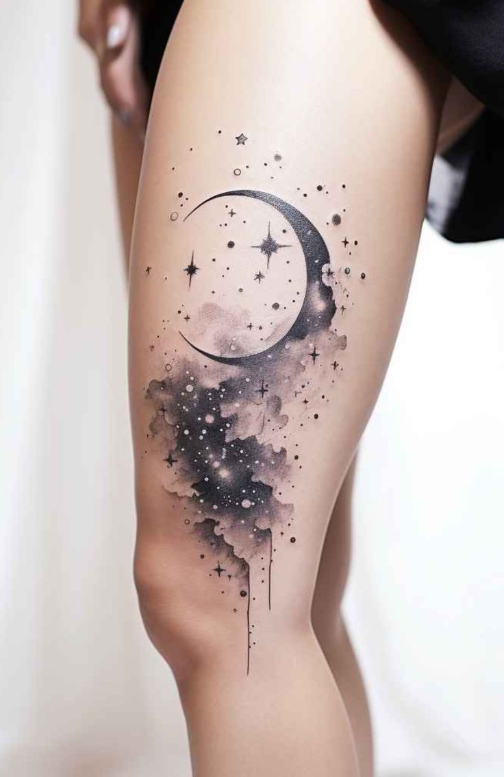 a woman's thigh with a crescent and stars tattoo on it