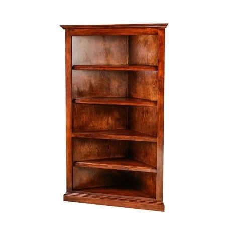 a wooden bookcase with three shelves on each side