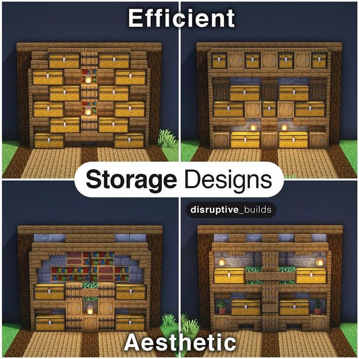 four different types of storage units in minecraft with text that reads efficient, storage designs disruptive buildings aesthetic