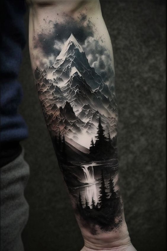 Tattoo Ideas For Men Nature Forearm Tattoo, Mountain Sleeve Tattoo, Forest Tattoo Sleeve, Forest Forearm Tattoo, Natur Tattoo Arm, Wilderness Tattoo, Forearm Cover Up Tattoos, Mountain And Forest, Forest Tattoo