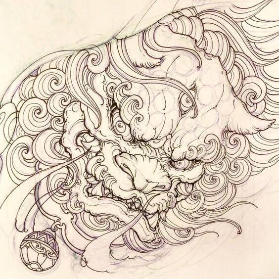 an ink drawing of a lion with swirls and waves on it's back