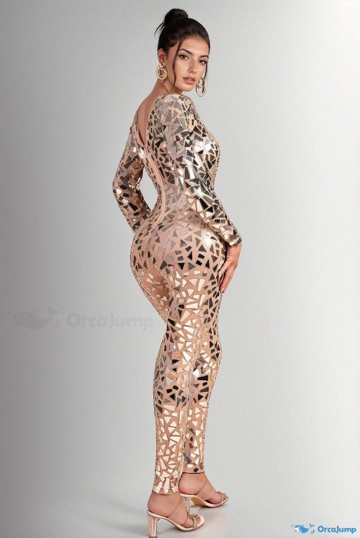 High-Neck Tulle Jumpsuit in Ida Style Elegant Long Sleeve Sequin Bodysuit, Elegant Party Bodysuit For Party Season, Elegant Fitted Party Bodysuit, Elegant Evening Bodysuit For Party Season, Elegant Stretch Bodysuit With Sequins, Gold Stretch Jumpsuits And Rompers For Party, Elegant V-neck Bodysuit For Party, Elegant Spring Party Bodysuit, Elegant Party Bodysuit For Spring