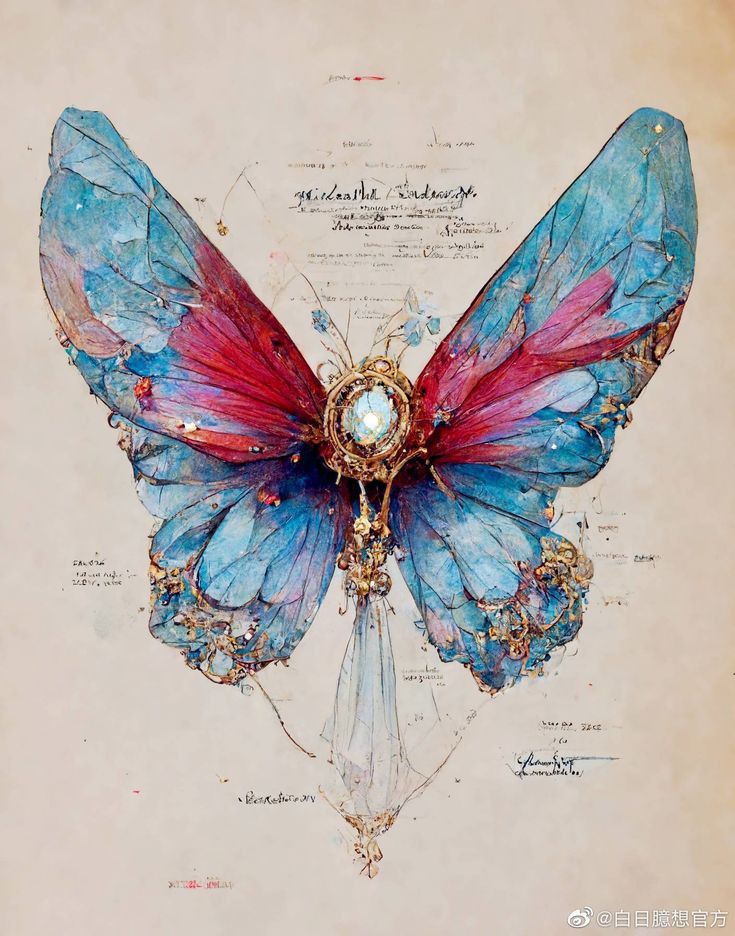 a drawing of a butterfly with wings and jewels on it's back, sitting in front of a piece of paper