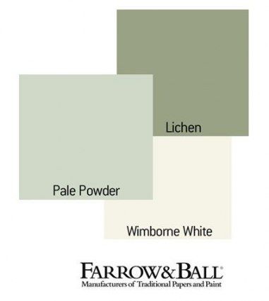 some green and white paint colors with the words farrow & ball written on them