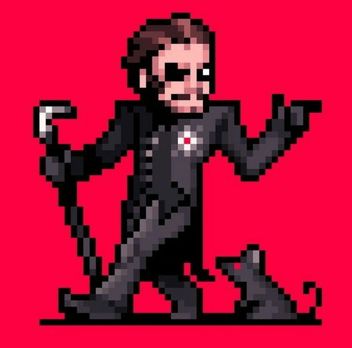 an old pixel art drawing of a man in black