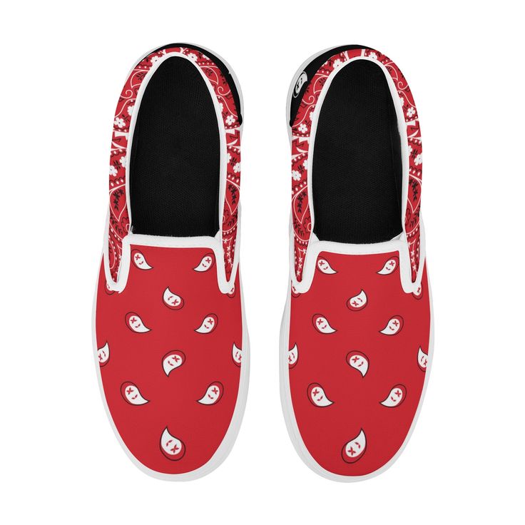 These Red & Black Bandana Pattern Slip On Sneakers are the perfect blend of comfort and fashion. The lightweight construction and slip on design makes them easy to wear and effortless to style. The unique pattern is sure to have you standing out in any crowd. • Classic textured canvas material • Vulcanized rubber sole • Unisex • 9 seizes available Shipping from China (21+ days to reach worldwide destinations on average) Casual White Slip-ons For Streetwear, Casual Non-slip Slip-on Canvas Shoes, Summer Slip-ons For Streetwear, Comfortable Flat Canvas Shoes For Streetwear, Casual Non-slip Slip-on Sneakers, Comfortable Red Slip-on Sneakers With Round Toe, Casual Slip-on Canvas Shoes For Streetwear, Red Slip-on Sneakers For Spring, Trendy Red Breathable Sneakers