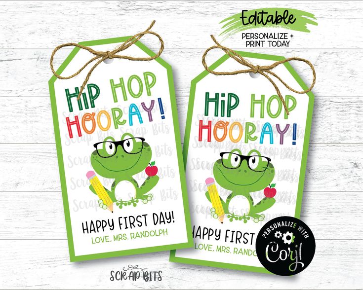 two tags with the words hip hop hooray and a frog wearing glasses on them