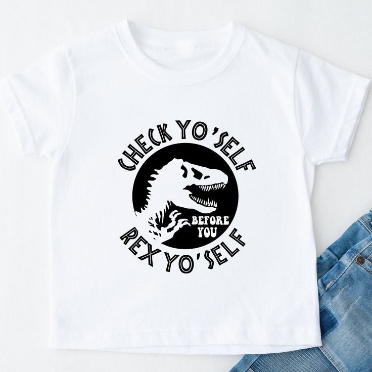 Check Yo Self Before You Rex Yo Self Toddler Shirt, Funny Shirt for Kids, Funny Shirt for Toddlers, Funny Dinosaur Shirt for Kids Made with Gerber Premium Tees Premium Tees use cotton interlock instead of classic cotton rib. Cotton interlock is extremely soft, warmer than cotton rib and hold the perfect amount of stretch. Gerber Premium Tees are certified with STANDARD 100 by OEKO-TEX® to ensure no harmful substances in your baby's clothing. Toddler T Shirt Ideas, Kids T Shirt Design Ideas, Toddler Tshirt Ideas, Cricut Onesies, Diy Kids Shirts, Kids Tshirt Ideas, Toddler Boy Shirts, Cricut Tshirt, Unisex Shirt Design