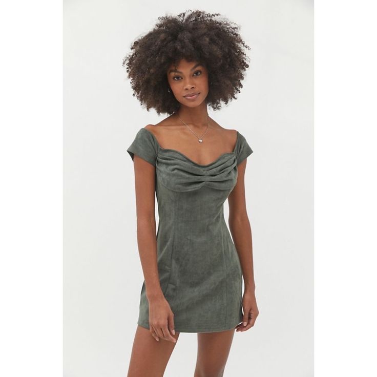 Off Shoulder Vegan Suede Olive Green Mini Fitted At Shoulder With Slight Flare Towards The End Of The Skirt Ruched Gathering At Chest Flattering Cut Zip At The Back Length From Shoulder:29” 1515 Win Some Lose Some, Ruched Midi Skirt, Off Shoulder Mini Dress, Plaid Throw, Slip Skirts, Velvet Shirt, Ruched Mini Dress, Scoop Neck Tee, Plaid Mini Skirt