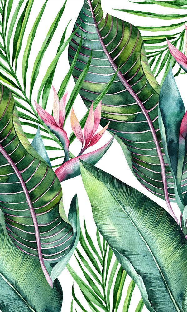 watercolor painting of tropical leaves and flowers