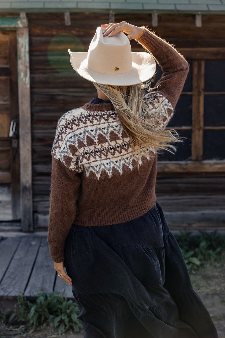 Don't leave this patterned sweater behind on all your adventures. Create the perfect Fall fit with the Into the Woods Sweater. Featuring thick and soft material, this is one you will want in your closet for years to come. thick material // paired with the free people crvy outlaw wide leg jeans + a dress coming soon Casual Brown Fair Isle Pattern Sweater, Cozy Brown Sweater For Outdoor, Cozy Brown Outdoor Sweater, Fair Isle Sweater For Fall Outdoor, Vintage Sweater For Outdoor Fall Wear, Cozy Brown Crew Neck Outerwear, Brown Winter Outerwear For Adventure, Fall Fair Isle Sweater For Outdoor, Outdoor Fair Isle Sweater For Fall