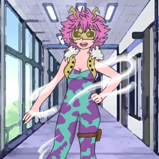 an anime character with pink hair standing in a hallway