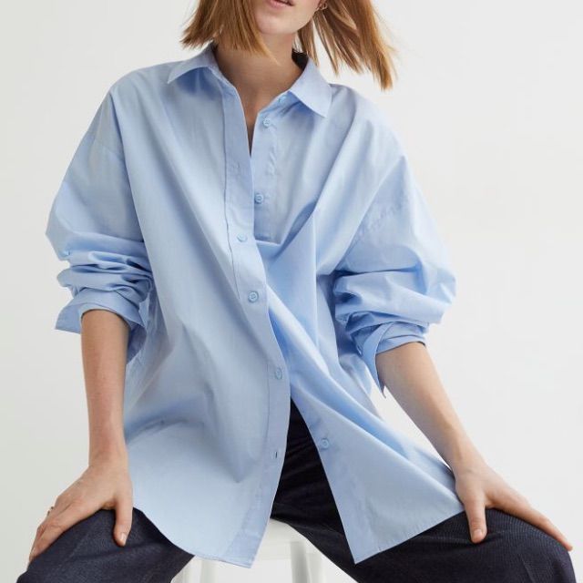 Simple And Chic. Loose Fit Very On Trend. Wear With Trousers Or As A Cover Up Over Swimwear H&m Button-up Blouse For Work, Classic Blue Blouse For Day Out, Chic H&m Shirt For Work, H&m Button-up Workwear Blouse, H&m Casual Shirt For Daywear, Classic H&m Blouse For Spring, H&m Button-up Blouse For Day Out, Classic Blue Top From H&m, Chic H&m Shirt For Workwear