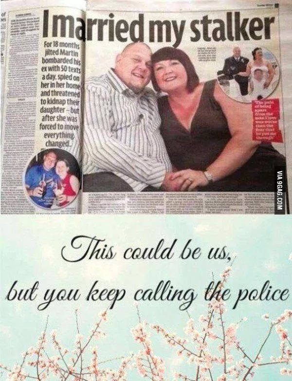 a man and woman are posing in front of a newspaper with the caption married my staker