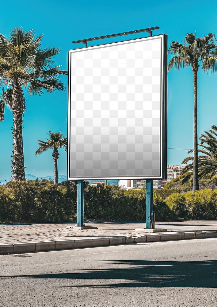 an empty billboard on the side of the road with palm trees in the back ground