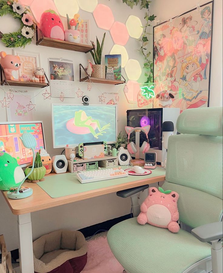 a pink chair sits in front of a desk with many pictures on it and a stuffed animal