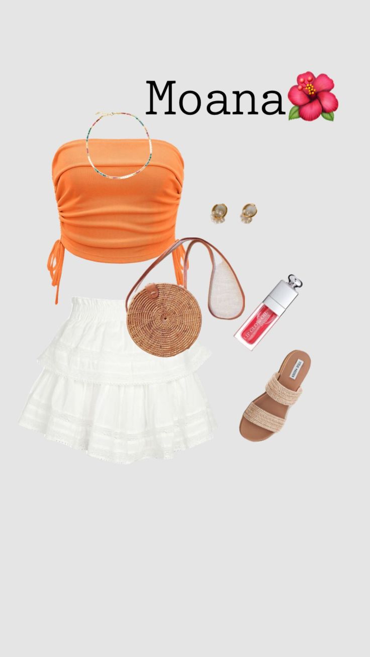 an orange top, white skirt and sandals with the words moana on it's side